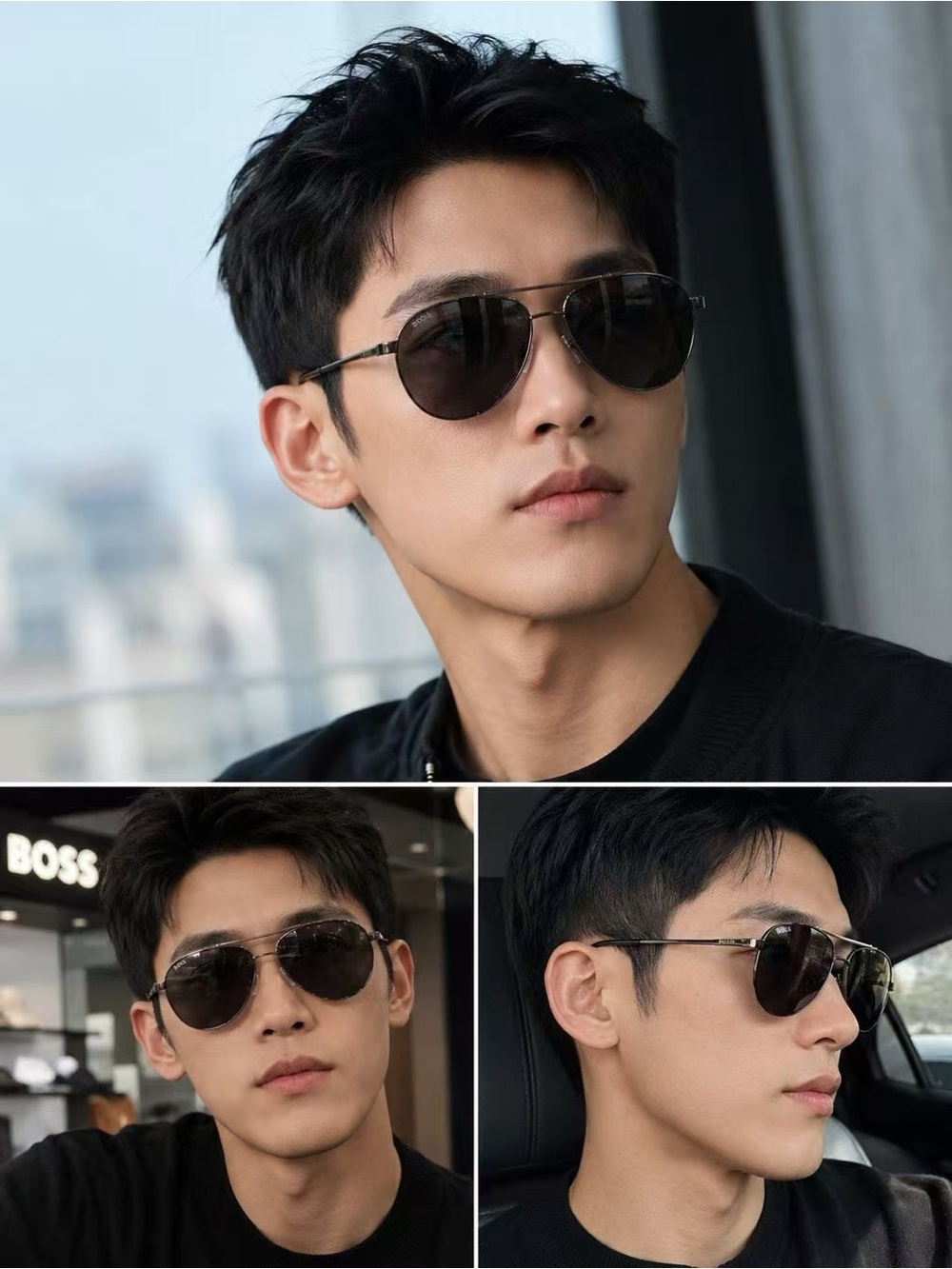 Boss Aviator Sunglasses in Silver Frame with Gray Lenses